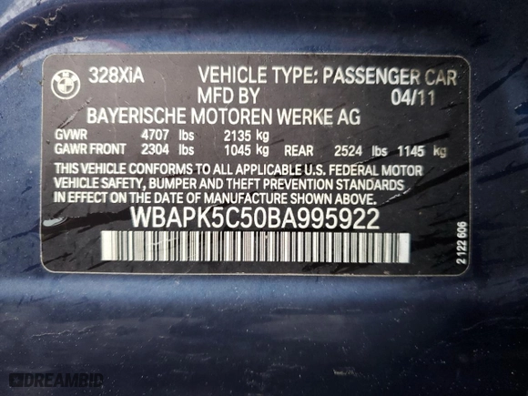 2011 BMW 3 Series 328i xDrive with VIN WBAPK5C50BA995922, listed as a Copart auction lot 49816245 with 149,781 mi miles and Salvage Title. Bid and sale history available at carsss.com. Image 13.