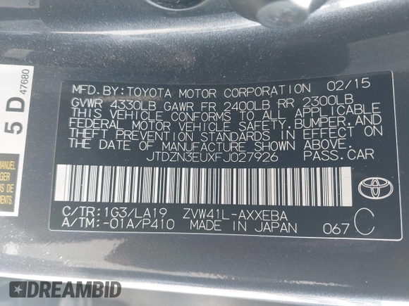 2015 Toyota Prius Two with VIN JTDZN3EUXFJ027926, listed as a IAAI auction lot 42036024 with 104,976 mi miles and . Bid and sale history available at DreamBid. Image 9.