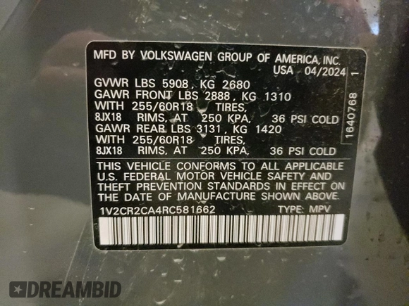 2024 Volkswagen Atlas Peak Edition SE with VIN 1V2CR2CA4RC581662, listed as a Copart auction lot 45403425 with 8,151 mi miles and Salvage title. Bid and sale history available at DreamBid. Image 13.