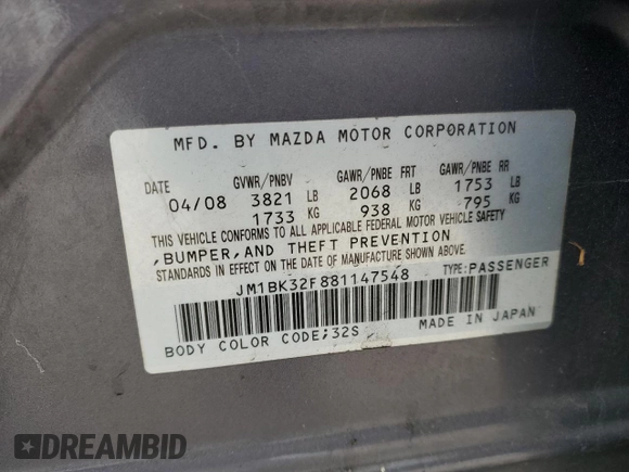 2008 Mazda Mazda3 i Touring Value with VIN JM1BK32F881147548, listed as a Copart auction lot 44523875 with Not Provided miles and Salvage Title. Bid and sale history available at carsss.com. Image 15.