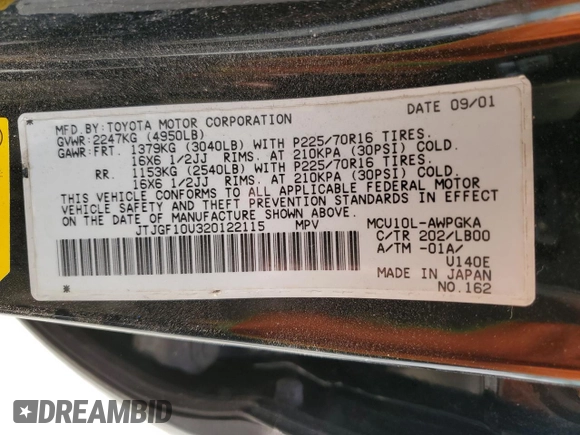 2002 Lexus RX 300 with VIN JTJGF10U320122115, listed as a Copart auction lot 53719235 with 252,955 mi miles and Salvage Title. Bid and sale history available at DreamBid. Image 13.
