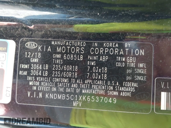 2019 Kia Sedona LX with VIN KNDMB5C1XK6537049, listed as a IAAI auction lot 41777727 with 86,987 mi miles. Bid and sale history available at carsss.com. Image 9.