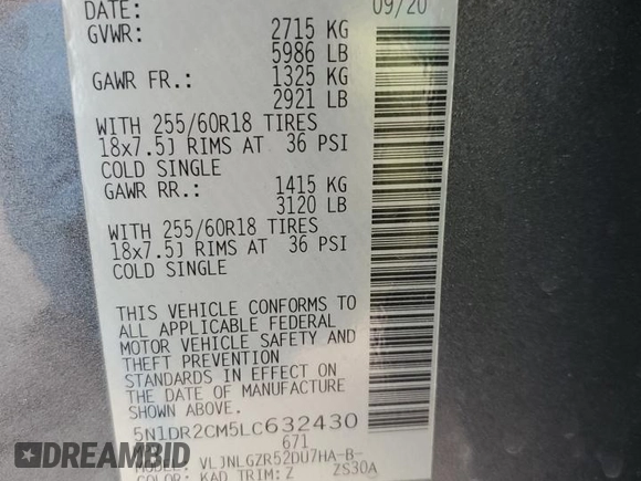 2020 Nissan Pathfinder SL with VIN 5N1DR2CM5LC632430, listed as a Copart auction lot 49423085 with 78,421 mi miles and Salvage title. Bid and sale history available at DreamBid. Image 15.