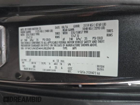 2017 Ford Escape SE with VIN 1FMCU9GD4HUB25615, listed as a Copart auction lot 86084664 with 106,034 mi miles and Clean Title. Bid and sale history available at carsss.com. Image 10.