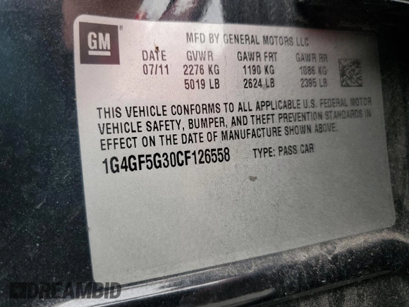 2012 Buick LaCrosse Premium 2 with VIN 1G4GF5G30CF126558, listed as a Copart auction lot 45188185 with 0 mi miles and Non Repairable. Bid and sale history available at carsss.com. Image 13.