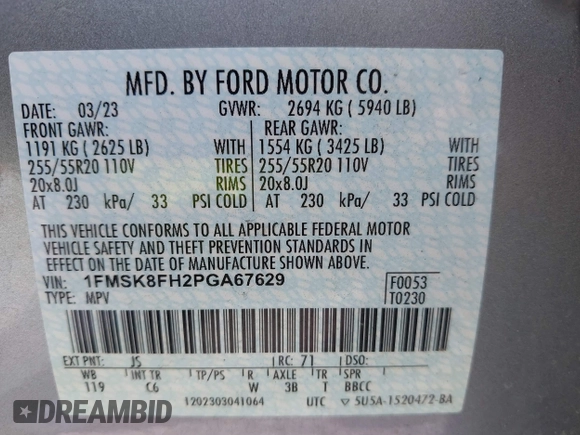 2023 Ford Explorer Limited z VIN 1FMSK8FH2PGA67629, wystawiony jako IAAI lot #42434485 z przebiegiem 67 408 mil mil oraz . Historia ofert i sprzedaży dostępna na DreamBid. Obrazek 9.