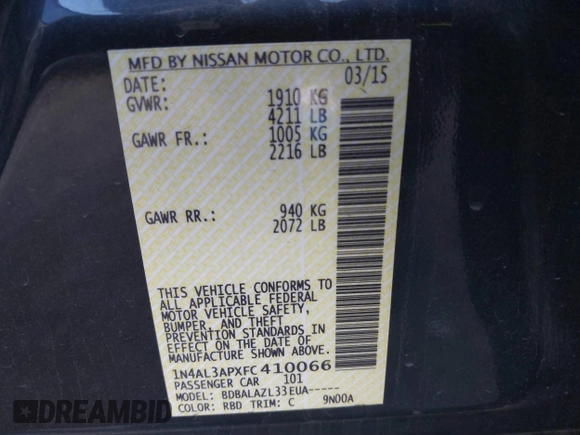 2015 Nissan Altima 2.5 S with VIN 1N4AL3APXFC410066, listed as a IAAI auction lot 41593448 with 102,791 mi miles. Bid and sale history available at carsss.com. Image 9.