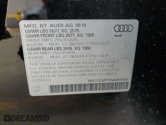 2017 Audi SQ5 Premium Plus with VIN WA1CCAFP7HA056886, listed as a Copart auction lot 88440615 with 70,262 mi miles and Salvage title. Bid and sale history available at DreamBid. Image 13.