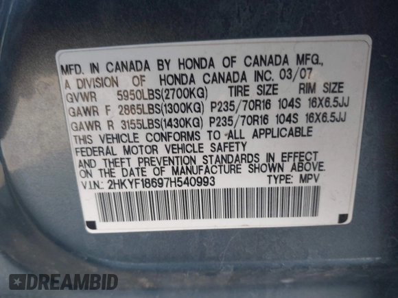2007 Honda Pilot EX-L with VIN 2HKYF18697H540993, listed as a IAAI auction lot 41243560 with 320,290 mi miles and . Bid and sale history available at DreamBid. Image 9.