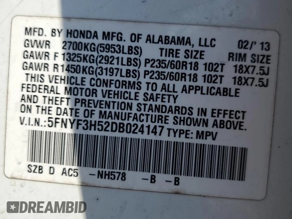 2013 Honda Pilot EX-L with VIN 5FNYF3H52DB024147, listed as a Copart auction lot 62842255 with 163,792 mi miles and Clean title. Bid and sale history available at DreamBid. Image 14.