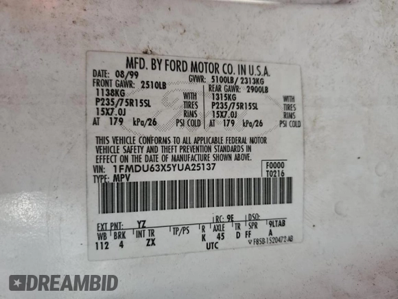 2000 Ford Explorer with VIN 1FMDU63X5YUA25137, listed as a Copart auction lot 46961075 with 188,269 mi miles and Salvage title. Bid and sale history available at DreamBid. Image 14.