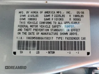 2006 Honda Accord EX-L z VIN 1HGCM56866A159217, wystawiony jako Copart lot #54994945 z przebiegiem 127 522 mil mil oraz Szkoda całkowita • Salvage title. Historia ofert i sprzedaży dostępna na DreamBid. Obrazek 12.