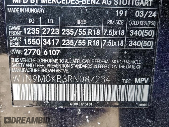 2024 Mercedes-Benz EQB 300 z VIN W1N9M0KB3RN087234, wystawiony jako Copart lot #42293365 z przebiegiem 5 316 mil mil oraz Szkoda całkowita • Salvage title. Historia ofert i sprzedaży dostępna na DreamBid. Obrazek 15.