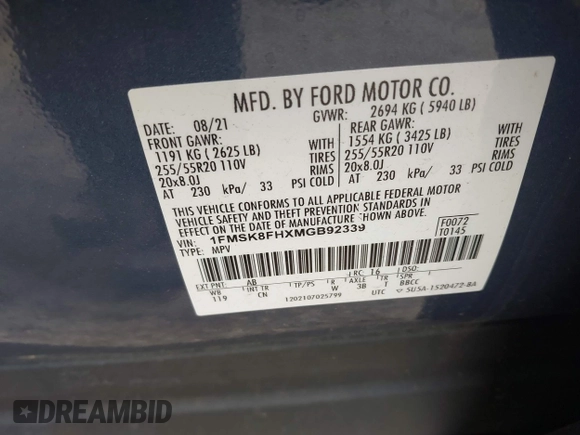 2021 Ford Explorer Limited with VIN 1FMSK8FHXMGB92339, listed as a IAAI auction lot 42016817 with 47,299 mi miles. Bid and sale history available at carsss.com. Image 9.