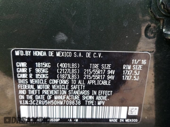 2017 Honda HR-V EX with VIN 3CZRU5H50HM709636, listed as a Copart auction lot 44903565 with 129,226 mi miles and Salvage Title. Bid and sale history available at DreamBid. Image 14.
