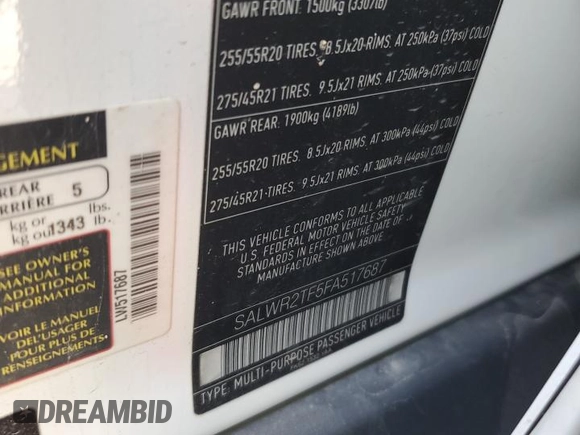 2015 Land Rover Range Rover Sport Supercharged with VIN SALWR2TF5FA517687, listed as a Copart auction lot 51181395 with 140,524 mi miles and Salvage Title. Bid and sale history available at carsss.com. Image 12.