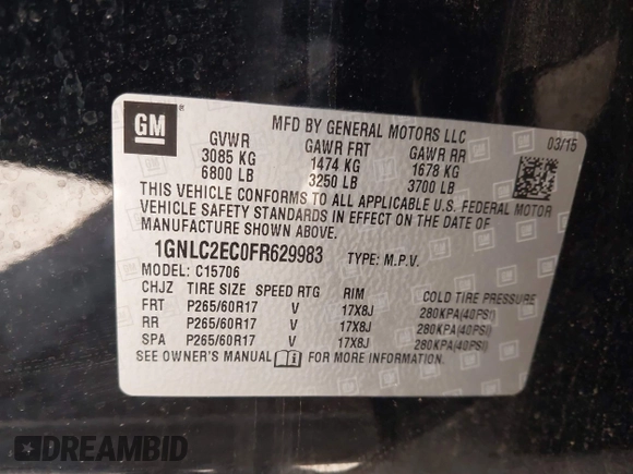 2015 Chevrolet Tahoe Commercial z VIN 1GNLC2EC0FR629983, wystawiony jako IAAI lot #41917584 z przebiegiem 111 461 mil mil oraz . Historia ofert i sprzedaży dostępna na DreamBid. Obrazek 9.