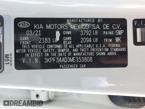 2021 Kia Forte GT-Line with VIN 3KPF34AD3ME353808, listed as a Copart auction lot 50151125 with 63,543 mi miles and Non Repairable. Bid and sale history available at carsss.com. Image 12.