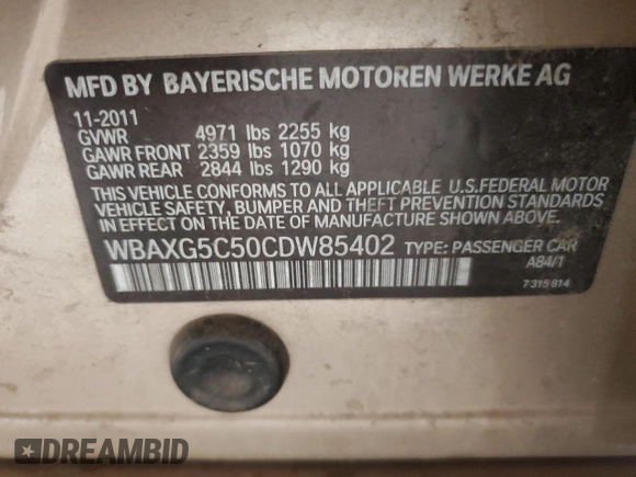 2012 BMW 5 Series 528i z VIN WBAXG5C50CDW85402, wystawiony jako Copart lot #56909125 z przebiegiem Nie podano mil oraz Czysty tytuł • Clean title. Historia ofert i sprzedaży dostępna na DreamBid. Obrazek 12.