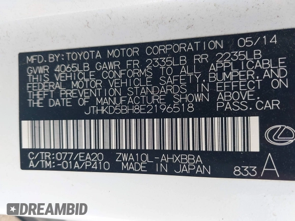 2014 Lexus CT 200h with VIN JTHKD5BH8E2196518, listed as a IAAI auction lot 41672745 with 126,655 mi miles and . Bid and sale history available at DreamBid. Image 9.