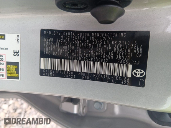 2024 Toyota Corolla LE with VIN 5YFB4MDE5RP139912, listed as a IAAI auction lot 42806723 with 22,470 mi miles and . Bid and sale history available at DreamBid. Image 16.