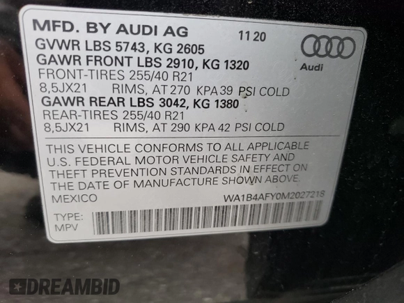2021 Audi SQ5 Premium Plus with VIN WA1B4AFY0M2027218, listed as a Copart auction lot 67285314 with 35,310 mi miles and Salvage Title. Bid and sale history available at carsss.com. Image 14.