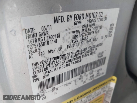 2011 Ford Expedition Max XLT with VIN 1FMJK1H53BEF44658, listed as a IAAI auction lot 41652085 with 174,548 mi miles and . Bid and sale history available at DreamBid. Image 9.