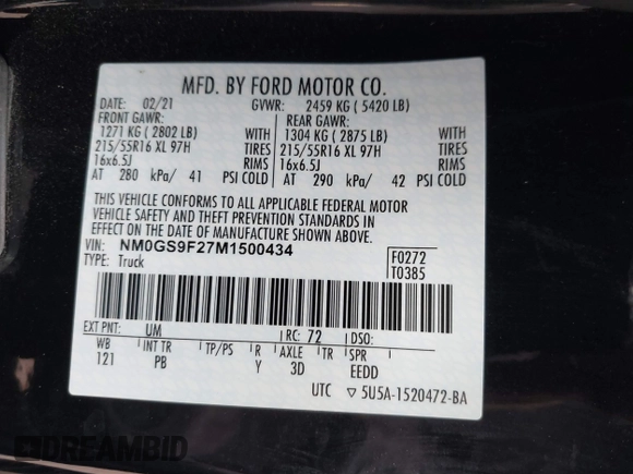 2021 Ford Transit Connect XLT with VIN NM0GS9F27M1500434, listed as a IAAI auction lot 39234991 with 25,883 mi miles and . Bid and sale history available at DreamBid. Image 9.