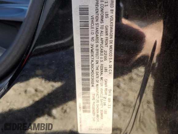 2012 Volkswagen Jetta Sedan SE w/Convenience & Sunroof with VIN 3VWDX7AJ0CM323024, listed as a Copart auction lot 46757115 with 0 mi miles and Salvage Title. Bid and sale history available at carsss.com. Image 14.