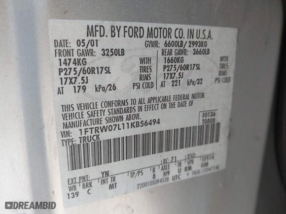 2001 Ford F-150 SuperCrew XLT with VIN 1FTRW07L11KB56494, listed as a IAAI auction lot 41623355 with 240,410 mi miles. Bid and sale history available at carsss.com. Image 9.