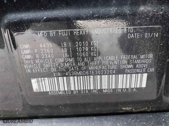 2014 Subaru Legacy 2.5i Premium with VIN 4S3BMBD61E3023204, listed as a IAAI auction lot 41827700 with 185436 miles. Bid and sale history available at carsss.com. Image 9.