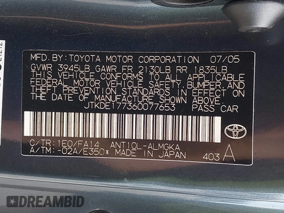 2006 Scion tC z VIN JTKDE177360077653, wystawiony jako IAAI lot #42258872 z przebiegiem 92 187 mil mil oraz . Historia ofert i sprzedaży dostępna na DreamBid. Obrazek 9.