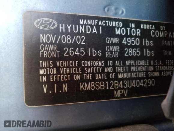 2003 Hyundai Santa Fe with VIN KM8SB12B43U404290, listed as a Copart auction lot 87488764 with 105,492 mi miles and Clean Title. Bid and sale history available at carsss.com. Image 13.