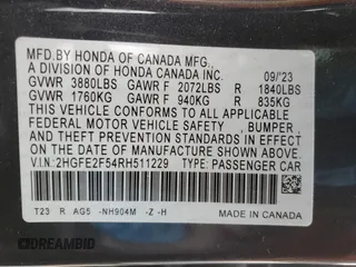 2024 Honda Civic Sedan Sport with VIN 2HGFE2F54RH511229, listed as a Copart auction lot 48750565 with 16,679 mi miles and Salvage Title. Bid and sale history available at carsss.com. Image 12.