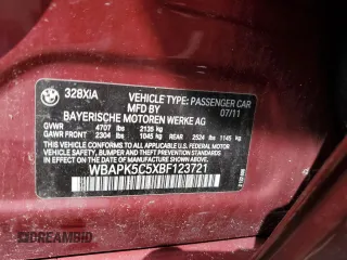 2011 BMW 3 Series 328i xDrive with VIN WBAPK5C5XBF123721, listed as a Copart auction lot 56071445 with 137,242 mi miles and Salvage title. Bid and sale history available at DreamBid. Image 13.