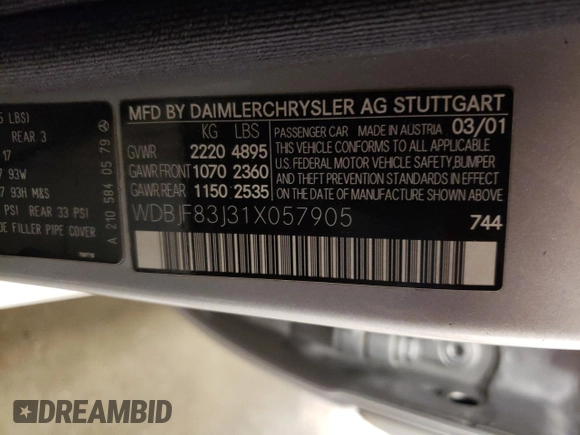 2001 Mercedes-Benz E 320/430 4 Matic with VIN WDBJF83J31X057905, listed as a Copart auction lot 50656425 with 155,217 mi miles and Salvage Title. Bid and sale history available at DreamBid. Image 12.
