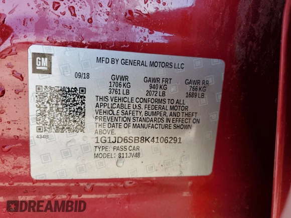 2019 Chevrolet Sonic LT with VIN 1G1JD6SB8K4106291, listed as a Copart auction lot 46584805 with 53,366 mi miles and Salvage title. Bid and sale history available at DreamBid. Image 12.
