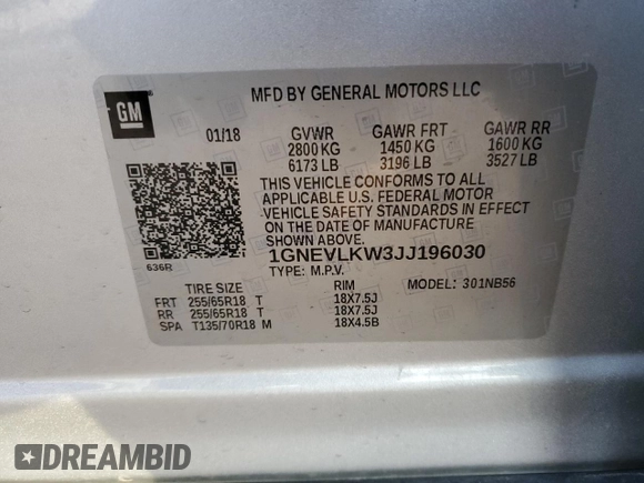 2018 Chevrolet Traverse LS with VIN 1GNEVLKW3JJ196030, listed as a Copart auction lot 84103714 with 108,762 mi miles and Salvage Title. Bid and sale history available at carsss.com. Image 13.