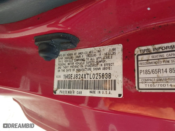 1996 Honda Civic EX with VIN 1HGEJ824XTL025638, listed as a IAAI auction lot 41692965 with 270,018 mi miles. Bid and sale history available at carsss.com. Image 9.