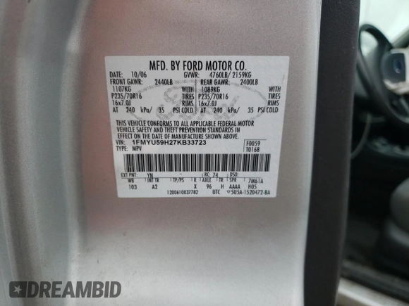 2007 Ford Escape Hybrid with VIN 1FMYU59H27KB33723, listed as a Copart auction lot 46458905 with 258,166 mi miles and Salvage title. Bid and sale history available at DreamBid. Image 15.