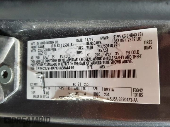 2013 Ford Escape SEL с VIN 1FMCU9H97DUB84419, выставлен на аукционе Copart как лот 59349825 с пробегом 160 113 миль миль и Списание • Salvage title. История ставок и продаж доступна на DreamBid. Изображение 13.