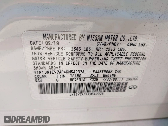 2019 Infiniti Q50 Signature Edition with VIN JN1EV7AP4KM540378, listed as a IAAI auction lot 41871999 with 120,990 mi miles and . Bid and sale history available at carsss.com. Image 9.