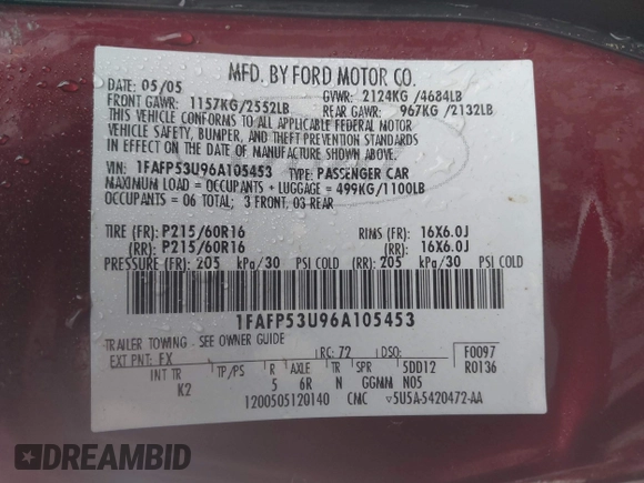 2006 Ford Taurus SE with VIN 1FAFP53U96A105453, listed as a IAAI auction lot 41927639 with 132,670 mi miles. Bid and sale history available at carsss.com. Image 9.