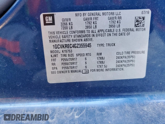 2016 Chevrolet Silverado 1500 LT with VIN 1GCVKREC4GZ355945, listed as a Copart auction lot 47234795 with 63,628 mi miles and Salvage Title. Bid and sale history available at DreamBid. Image 12.