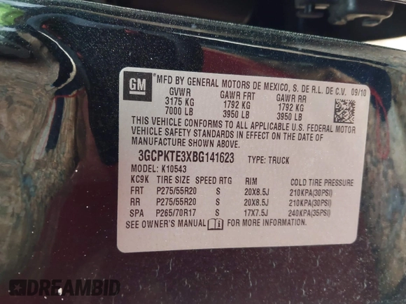 2011 Chevrolet Silverado 1500 LTZ with VIN 3GCPKTE3XBG141623, listed as a IAAI auction lot 41869649 with Not Provided miles and . Bid and sale history available at DreamBid. Image 9.