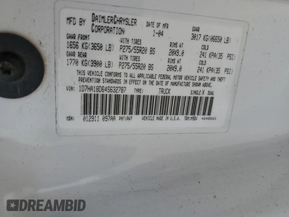 2004 Dodge 1500 SLT with VIN 1D7HA18D64S632787, listed as a Copart auction lot 54000815 with 151,633 mi miles and Salvage Title. Bid and sale history available at DreamBid. Image 13.