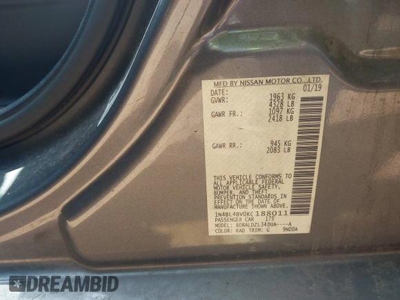 2019 Nissan Altima S z VIN 1N4BL4BV0KC188011, wystawiony jako IAAI lot #42265130 z przebiegiem 78 559 mil mil oraz . Historia ofert i sprzedaży dostępna na DreamBid. Obrazek 9.