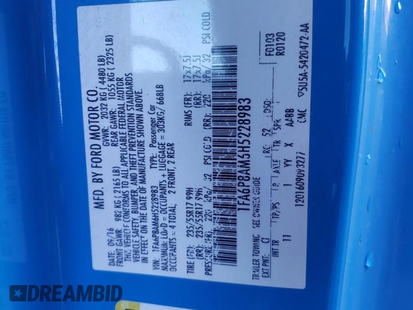 2017 Ford Mustang V6 z VIN 1FA6P8AM6H5228983, wystawiony jako Copart lot #86716624 z przebiegiem 103 030 mil mil oraz Szkoda całkowita • Salvage title. Historia ofert i sprzedaży dostępna na DreamBid. Obrazek 12.