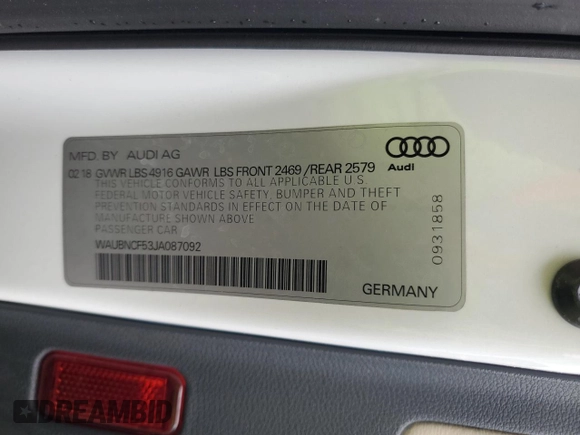 2018 Audi A5 Sportback Premium Plus with VIN WAUBNCF53JA087092, listed as a Copart auction lot 45298784 with 54,391 mi miles. Bid and sale history available at carsss.com. Image 12.