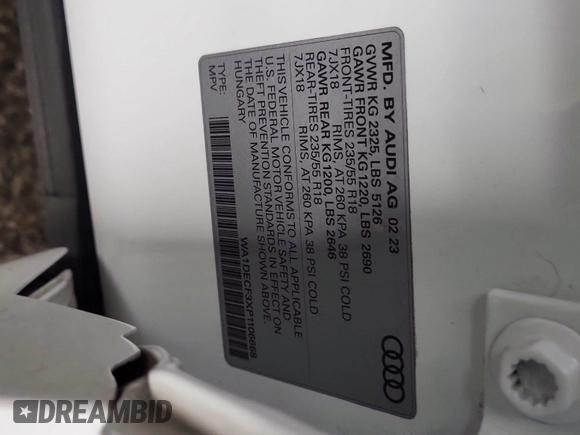 2023 Audi Q3 S line Premium with VIN WA1DECF3XP1106668, listed as a IAAI auction lot 42845143 with 46,005 mi miles and . Bid and sale history available at DreamBid. Image 7.